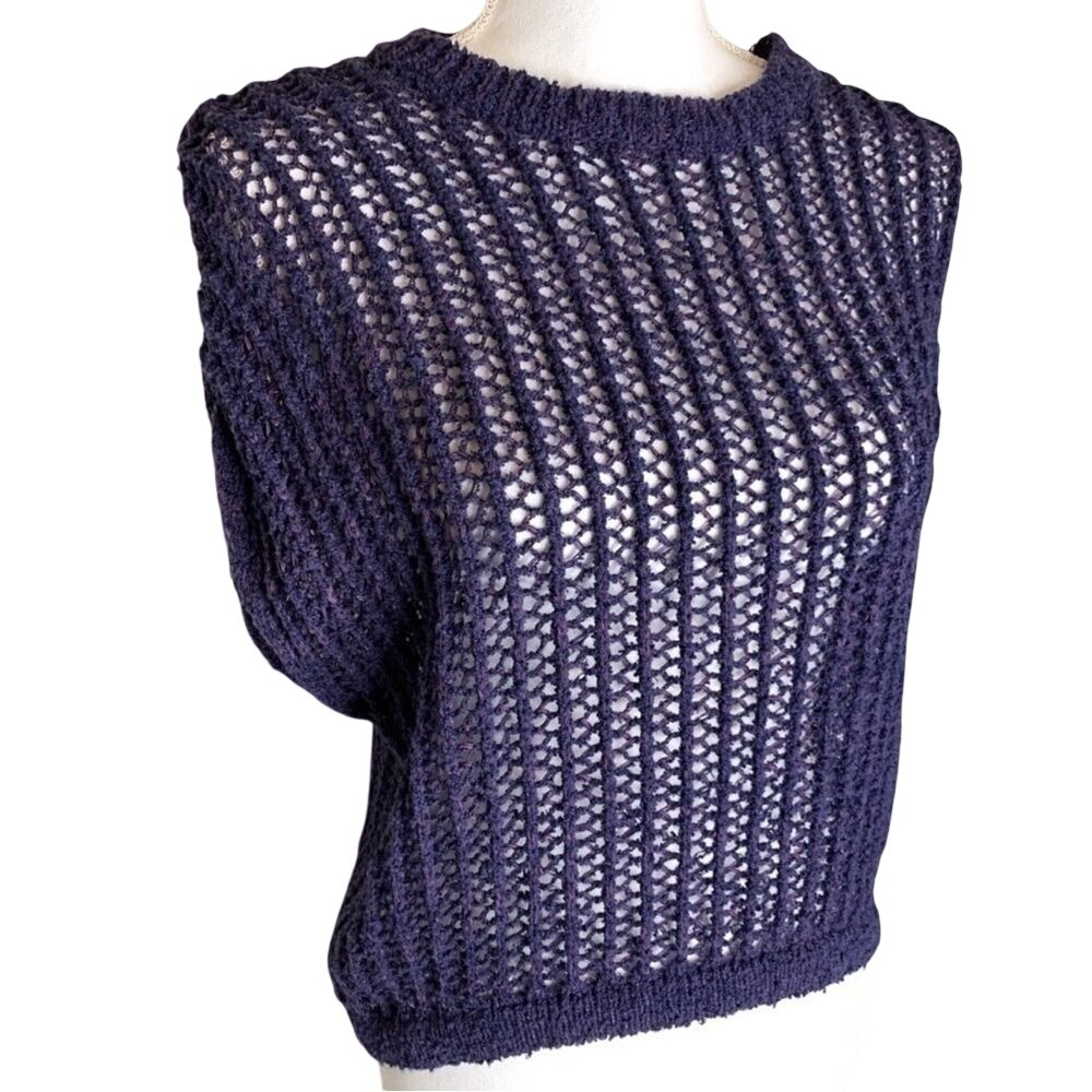 BCBG MAXAZRIA Women Open Weave Short Sleeve Sweater Small Cotton Blend